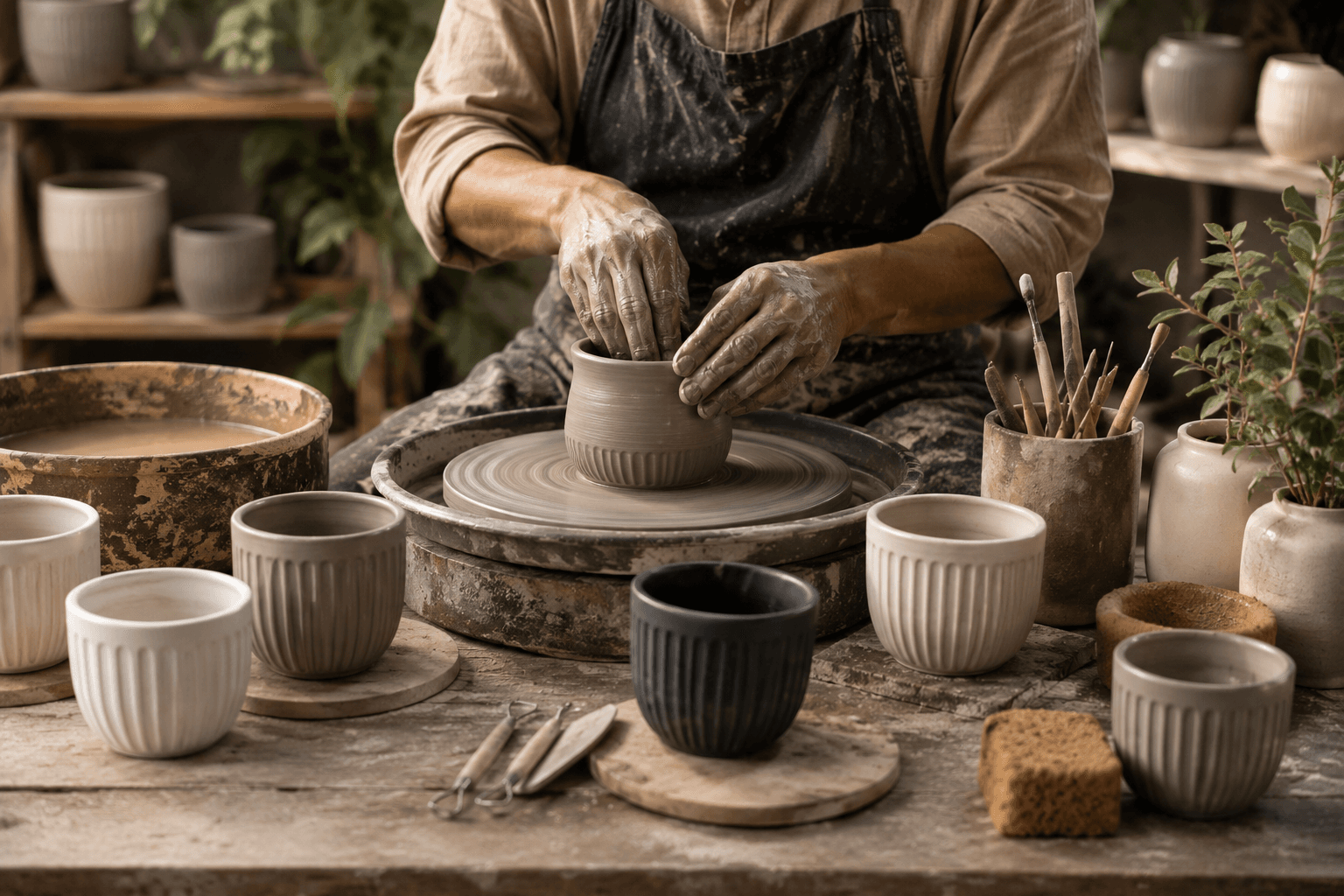Hands shaping pottery in a warm ceramic studio